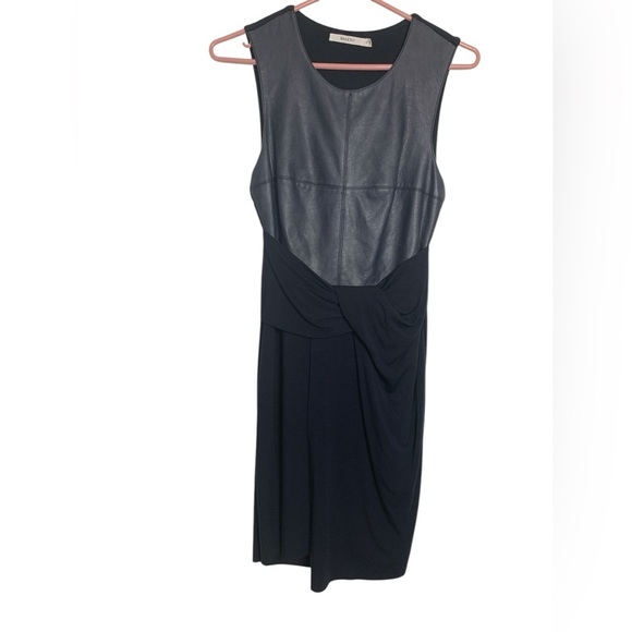 Anthropologie Bailey 44 Navy Blue Dress w Stretch, Faux Leather Upper - Picture 4 of 14